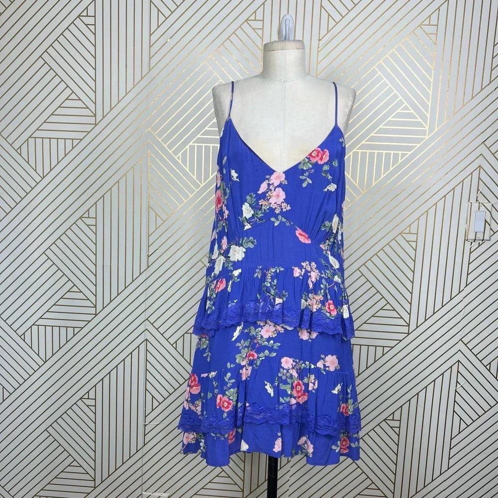 Lovers + Friends Teresa Floral Ruffle Mini Dress in Feeling Blue Size US XL - Picture 2 of 12